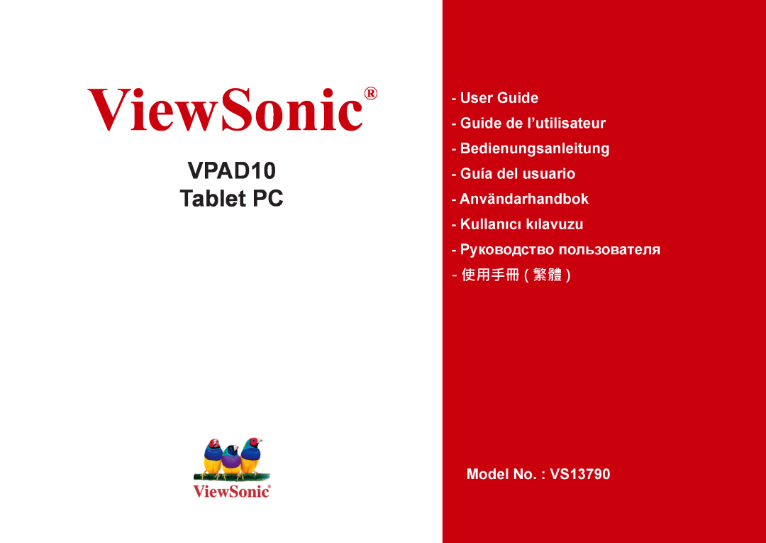 ViewSonic UPC30022 manual ViewSonic, VPAD10 Tablet PC, User Guide Guide de l’utilisateur Bedienungsanleitung, 使用手冊 繁體 