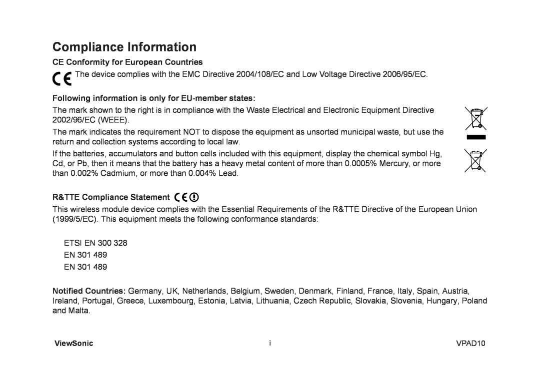 ViewSonic VS13790, UPC30022 manual Compliance Information, CE Conformity for European Countries, R&TTE Compliance Statement 