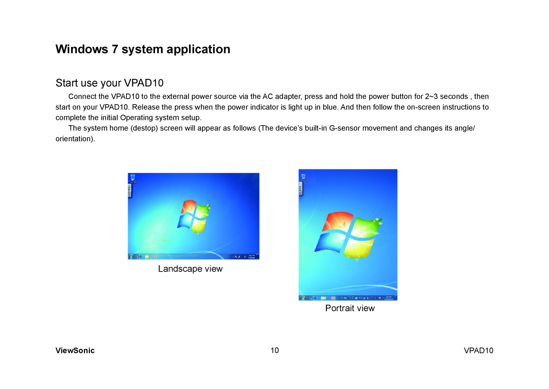 ViewSonic VS13790, UPC30022 manual Windows 7 system application, Start use your VPAD10, ViewSonic 