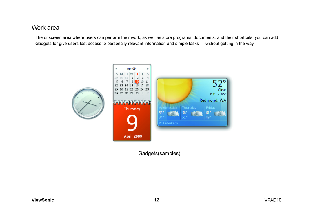 ViewSonic VS13790, UPC30022 manual Work area, Gadgetssamples, ViewSonic, VPAD10 