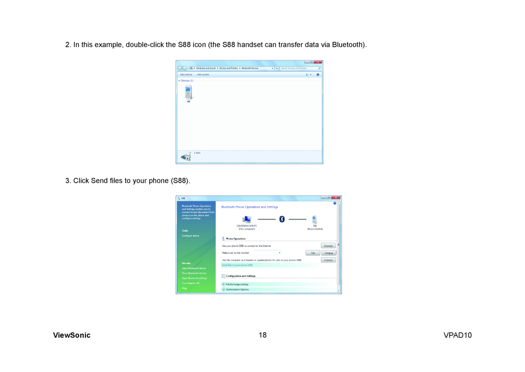 ViewSonic VS13790, UPC30022 manual ViewSonic, Click Send files to your phone S88, VPAD10 