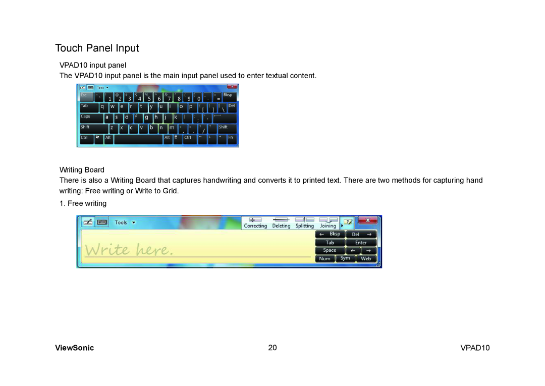ViewSonic VS13790, UPC30022 manual Touch Panel Input, ViewSonic, VPAD10 input panel, Writing Board, Free writing 