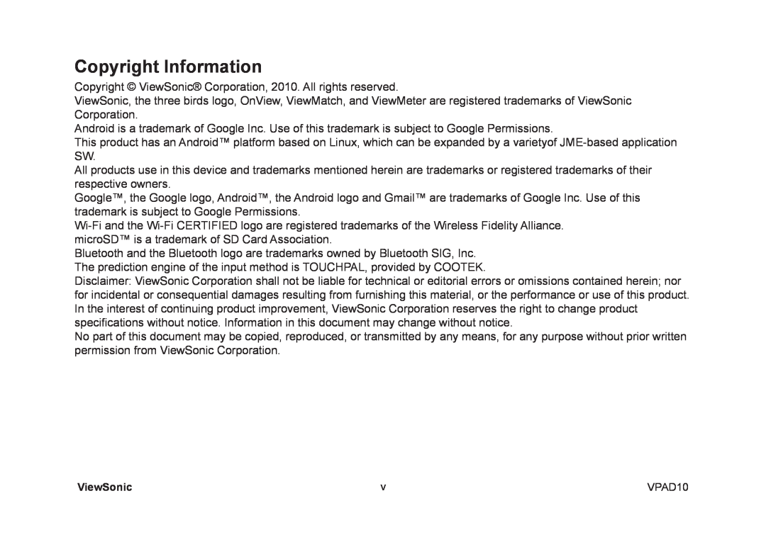 ViewSonic VS13790, UPC30022 manual Copyright Information 