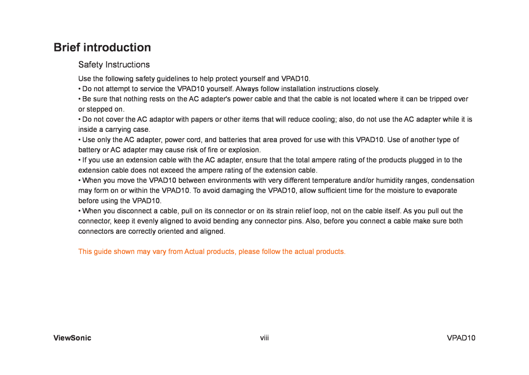 ViewSonic UPC30022, VS13790 manual Brief introduction, Safety Instructions, ViewSonic, viii, VPAD10 