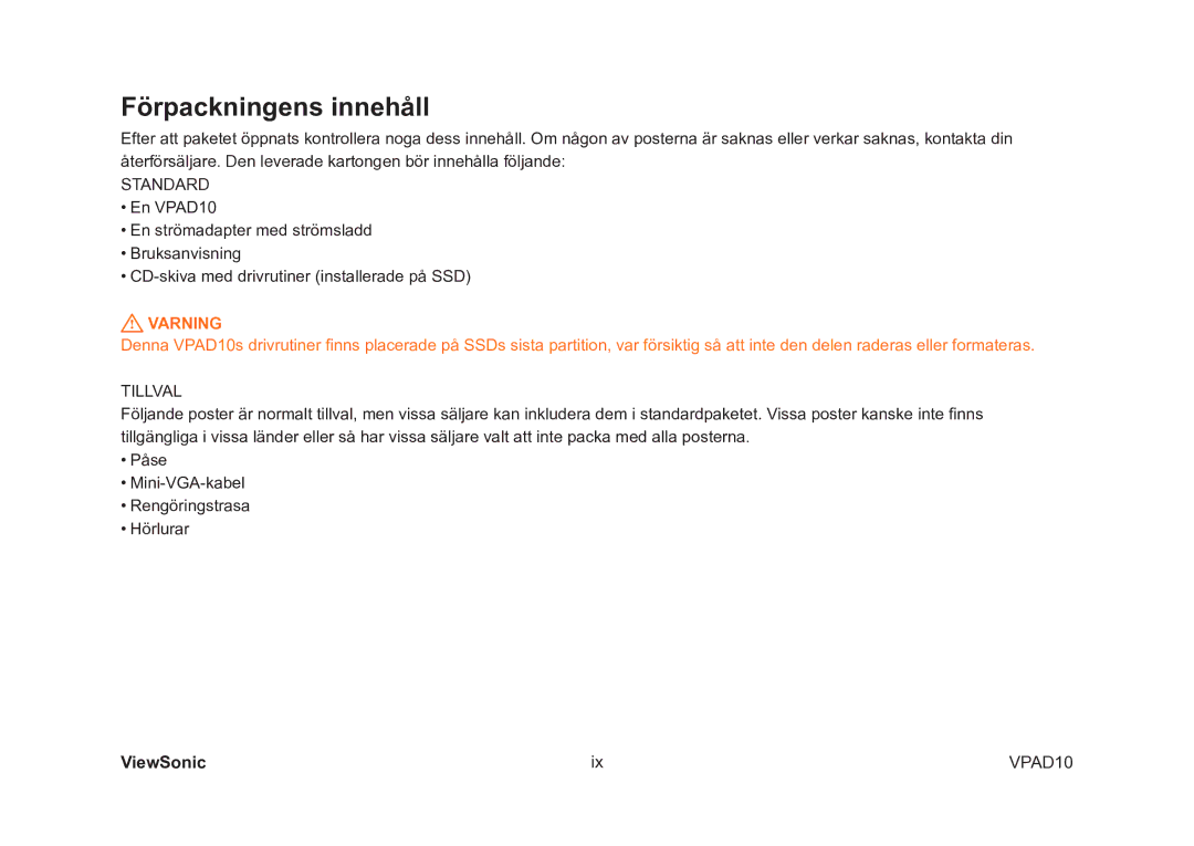 ViewSonic VS13790 manual Förpackningens innehåll, Standard 