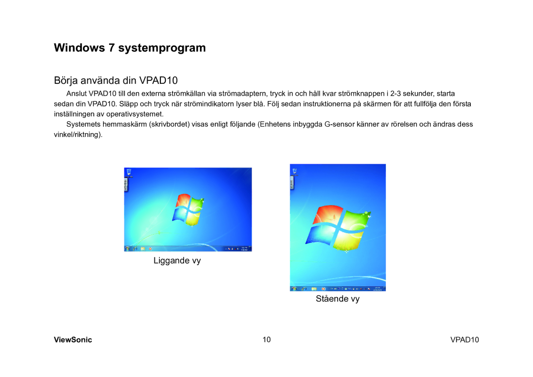 ViewSonic VS13790 manual Windows 7 systemprogram, Börja använda din VPAD10 