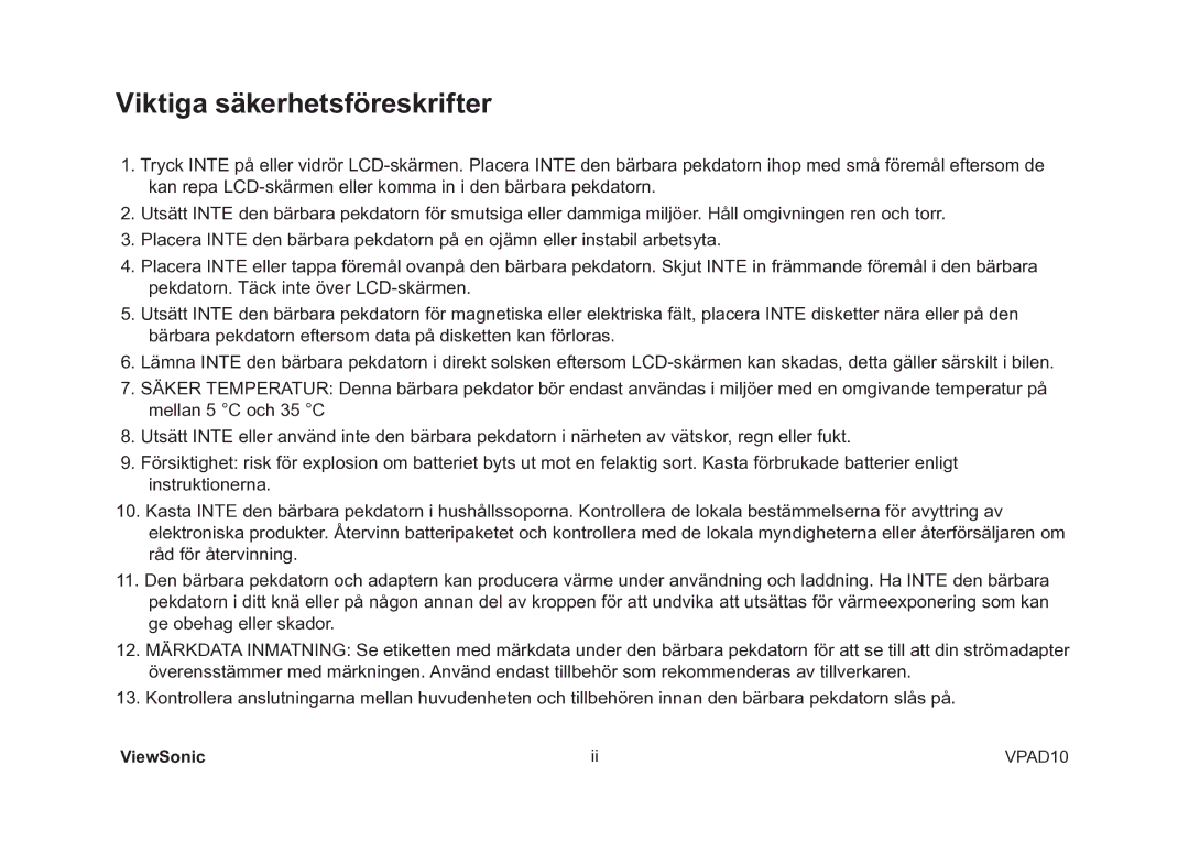 ViewSonic VS13790 manual Viktiga säkerhetsföreskrifter 