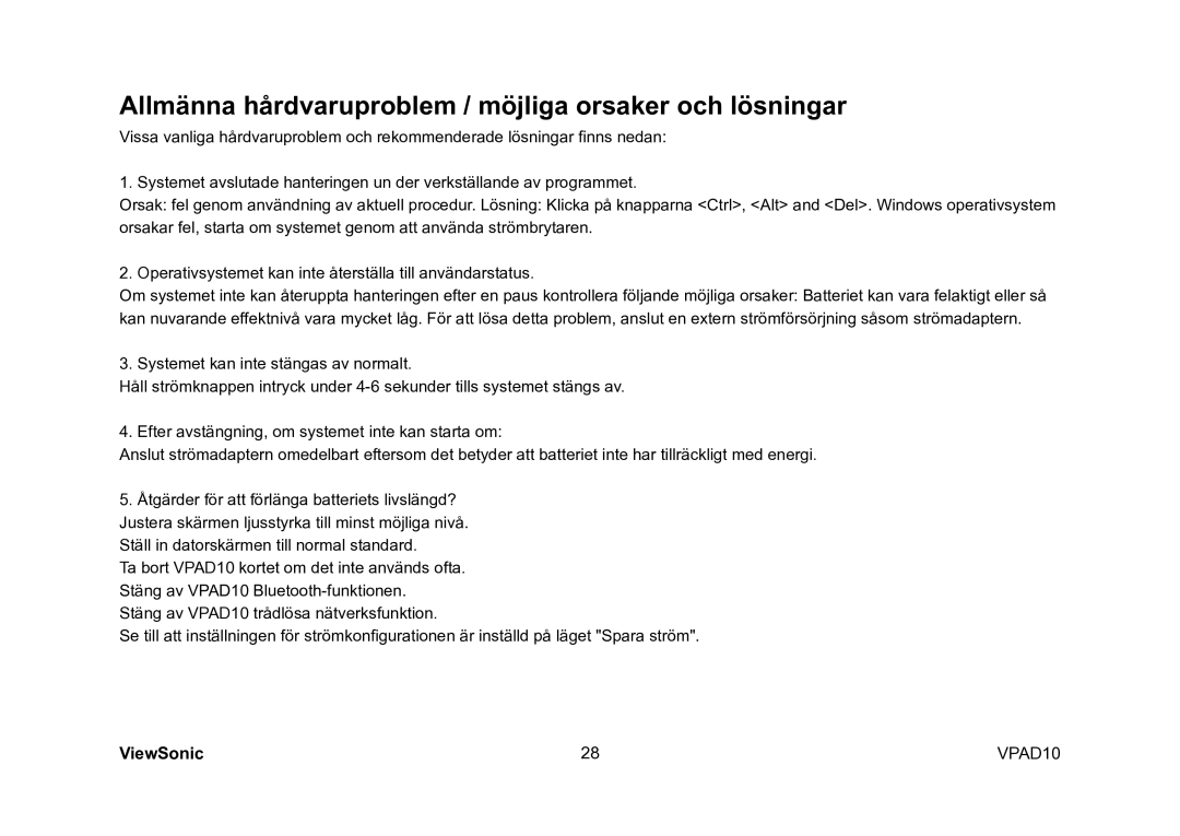 ViewSonic VS13790 manual Allmänna hårdvaruproblem / möjliga orsaker och lösningar 