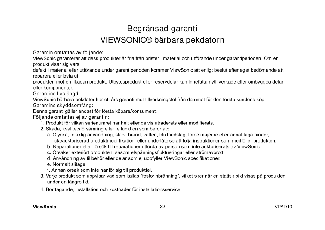 ViewSonic VS13790 manual Begränsad garanti Viewsonic bärbara pekdatorn 