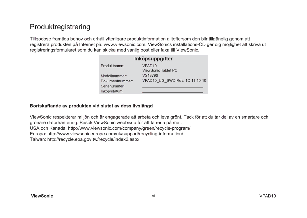 ViewSonic VS13790 manual Produktregistrering 