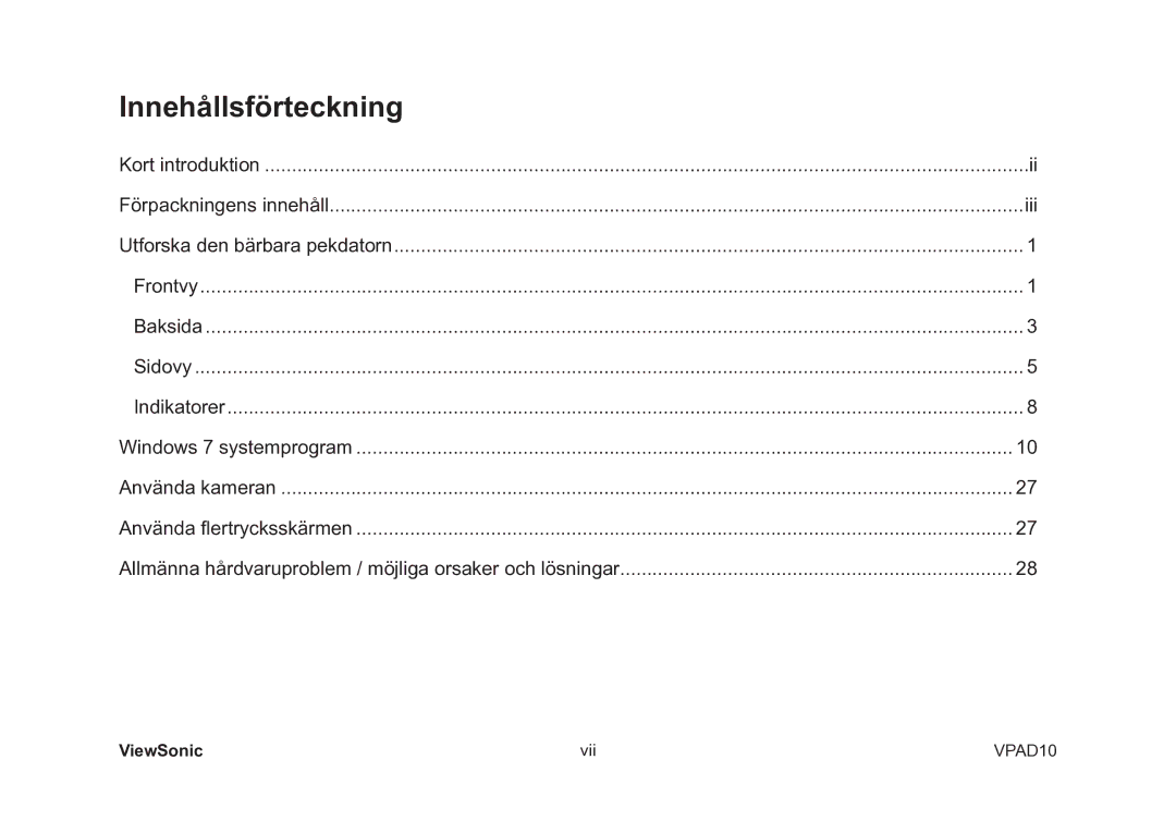 ViewSonic VS13790 manual Innehållsförteckning 