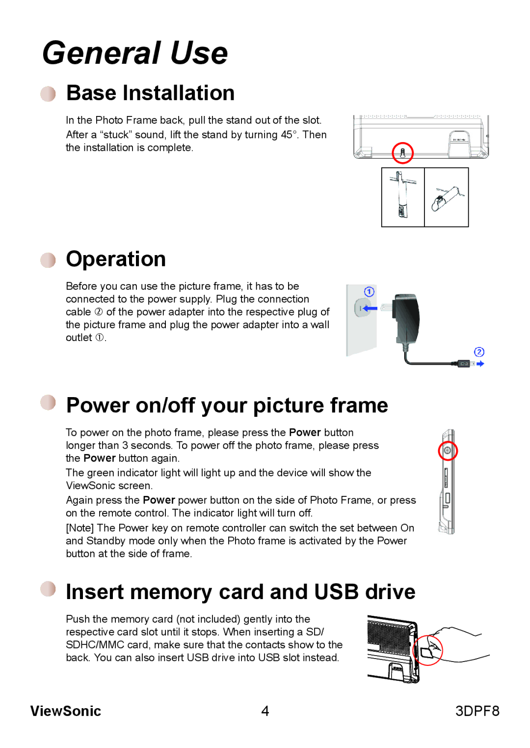 ViewSonic VS13808 manual General Use, Base Installation, Operation, Power on/off your picture frame 