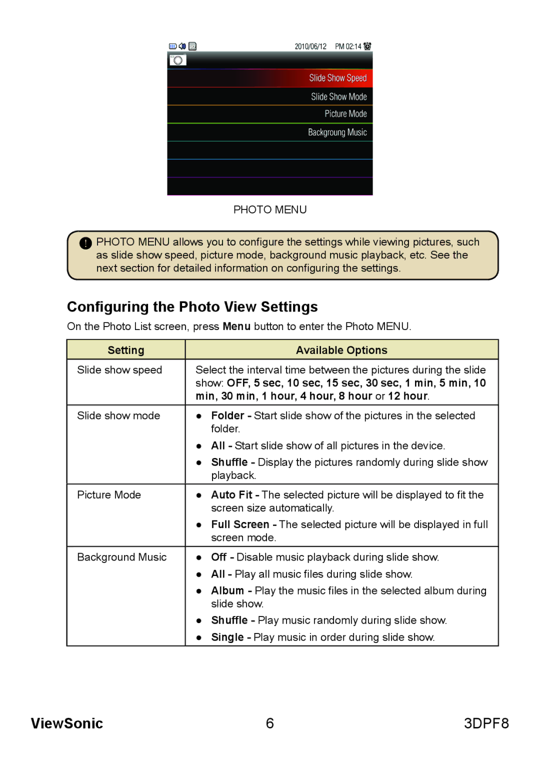 ViewSonic VS13808 manual Configuring the Photo View Settings, Photo Menu, Setting Available Options 