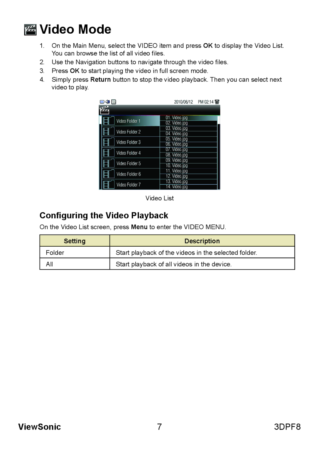 ViewSonic VS13808 manual Video Mode, Configuring the Video Playback, Setting Description 