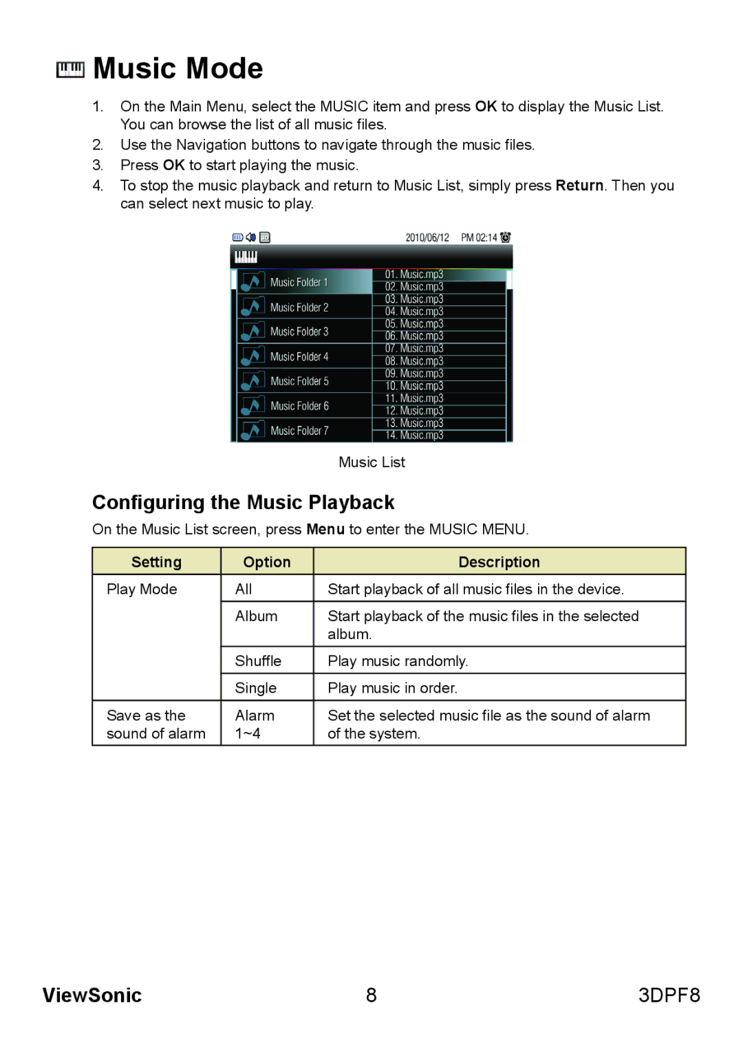 ViewSonic VS13808 manual Music Mode, Configuring the Music Playback, Setting Option Description 