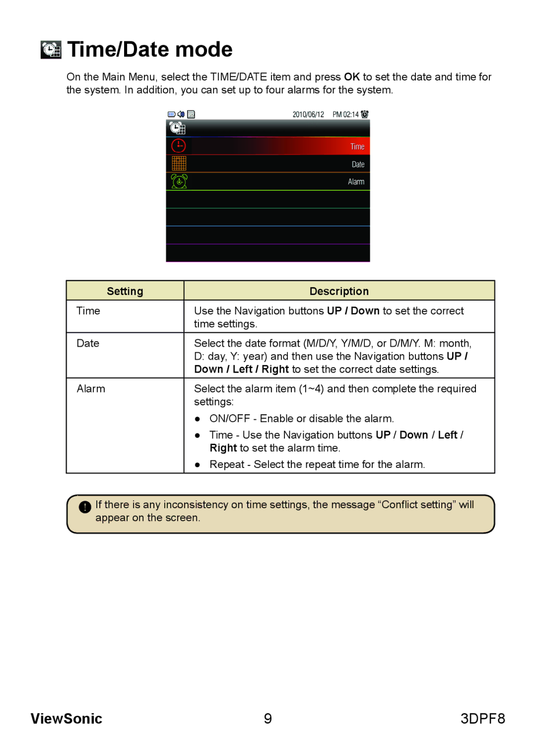 ViewSonic VS13808 manual Time/Date mode 