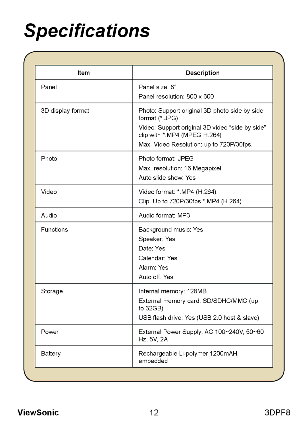 ViewSonic VS13808 manual Specifications 