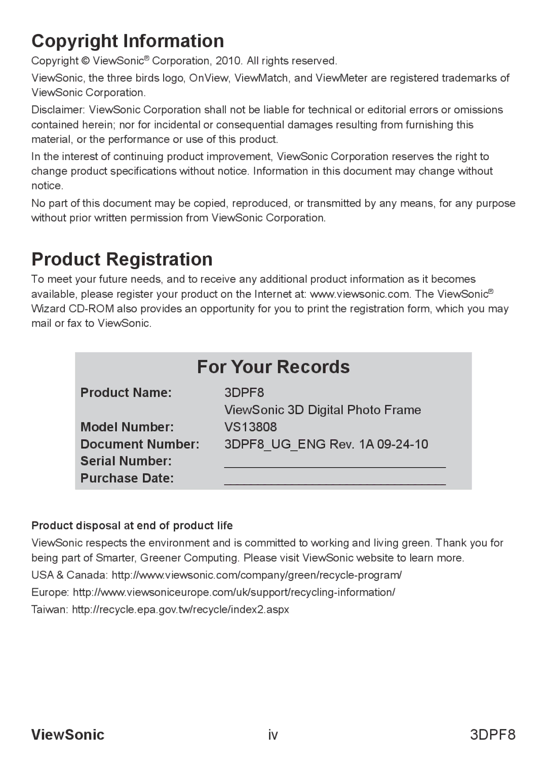 ViewSonic VS13808 Copyright Information, Product Registration For Your Records, Product disposal at end of product life 