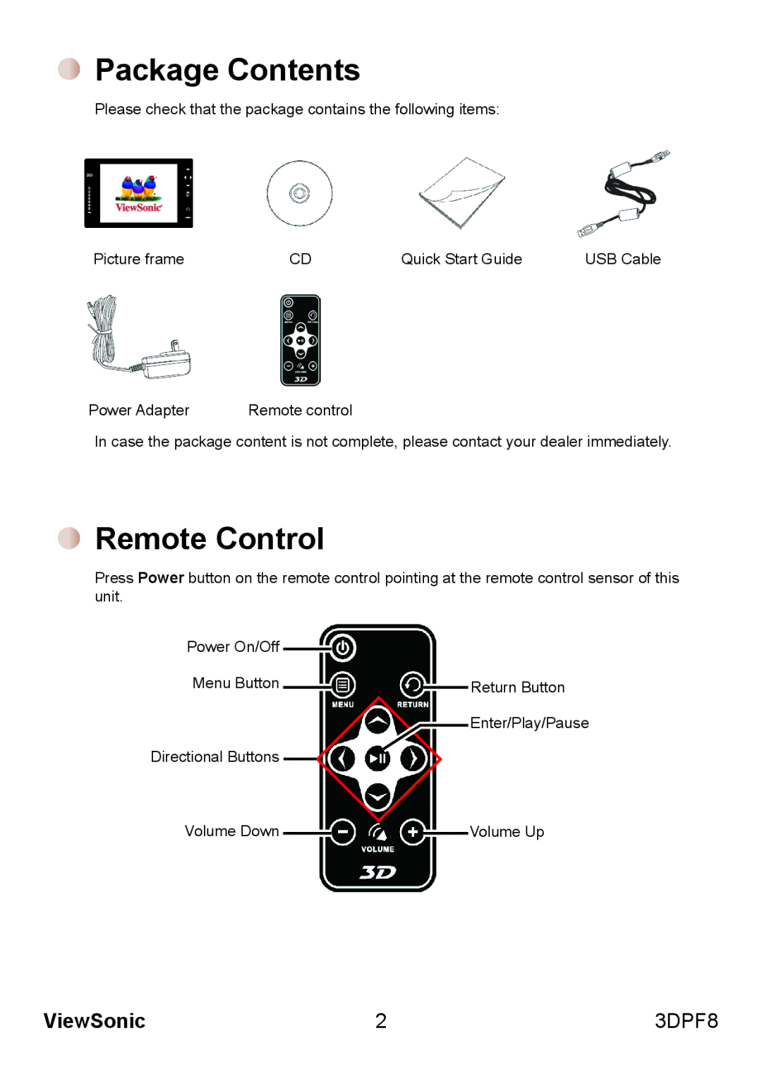 ViewSonic VS13808 manual Package Contents, Remote Control 