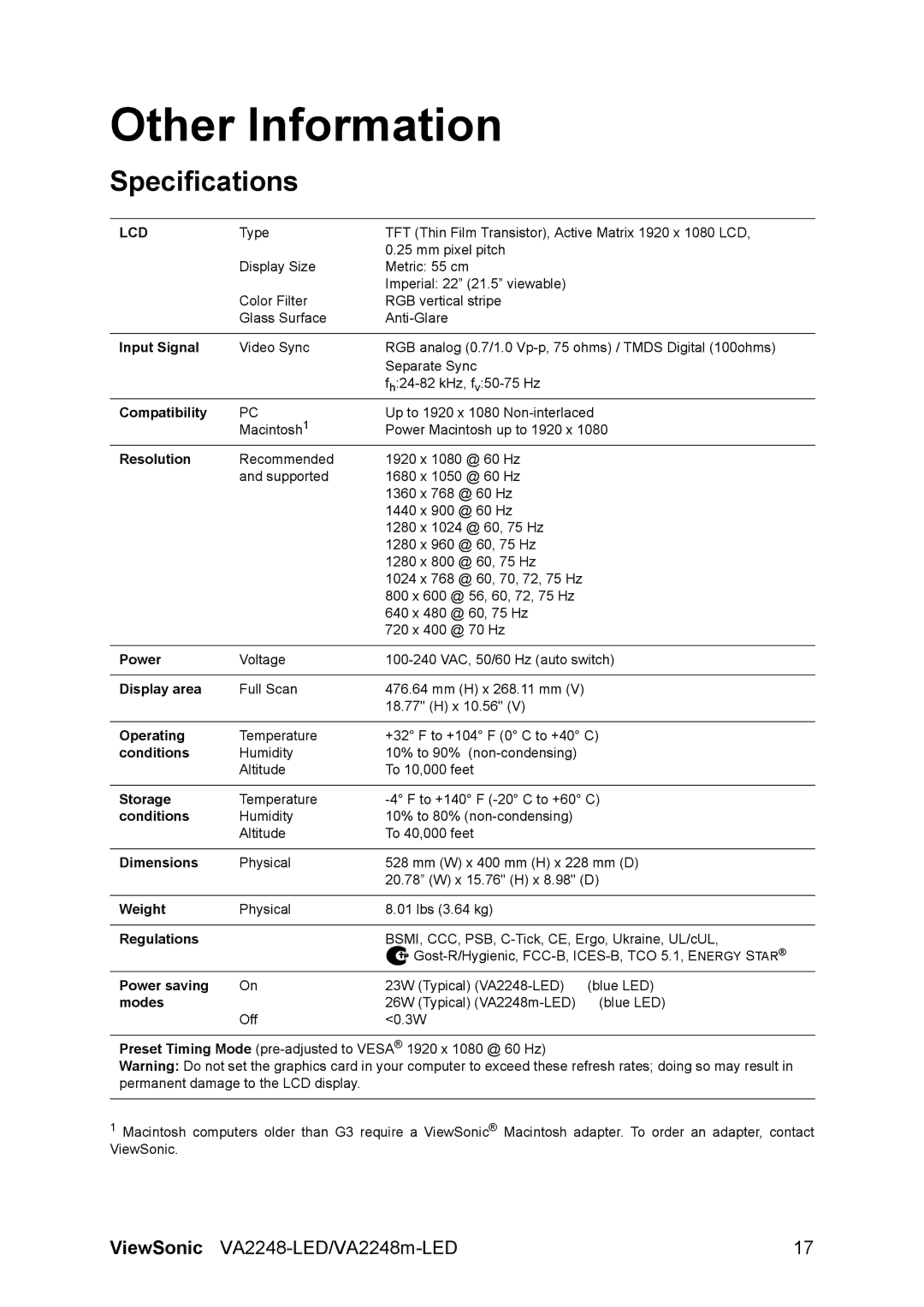 ViewSonic VS13818 warranty Other Information, Specifications 