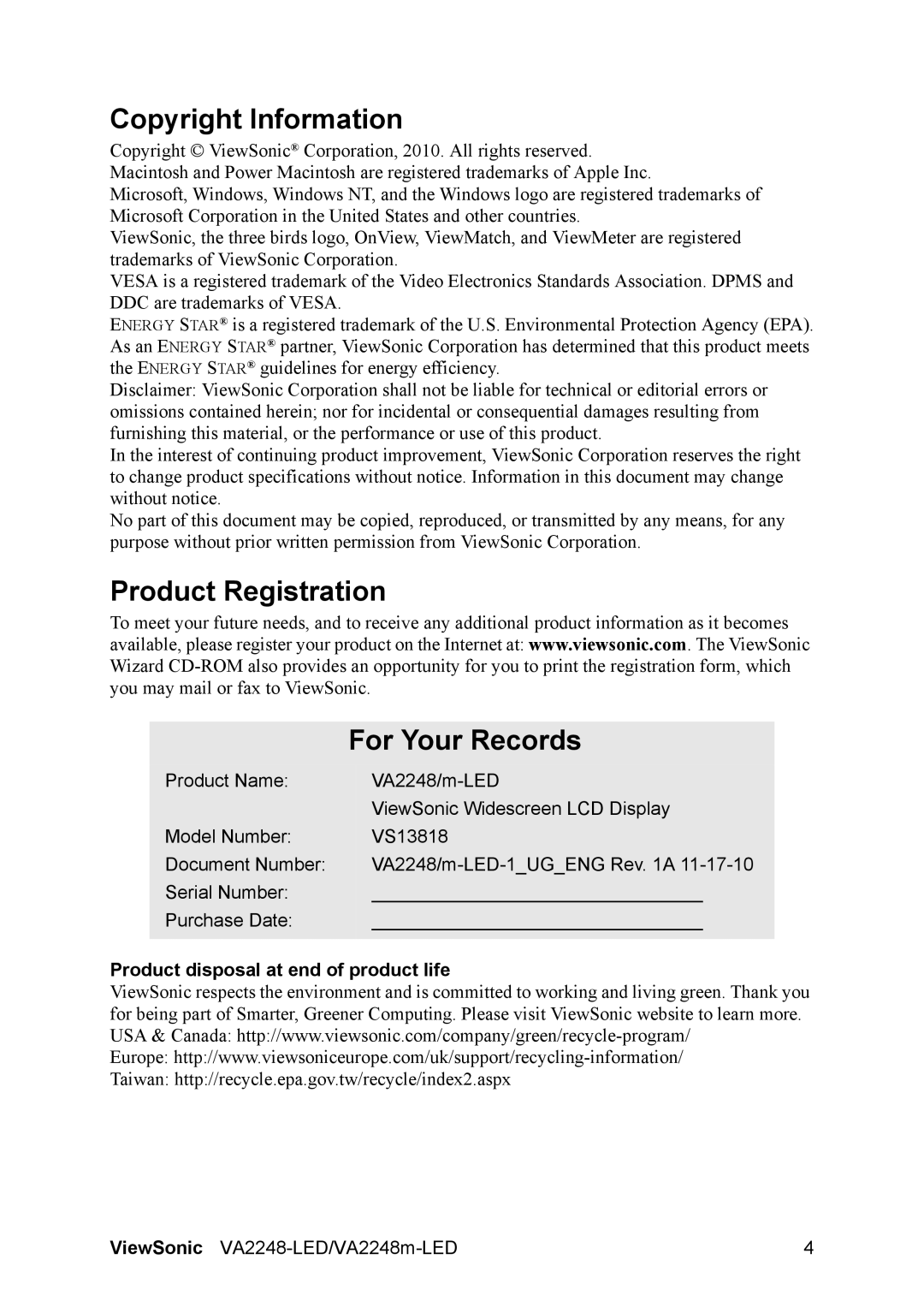 ViewSonic VS13818 Copyright Information, Product Registration For Your Records, Product disposal at end of product life 