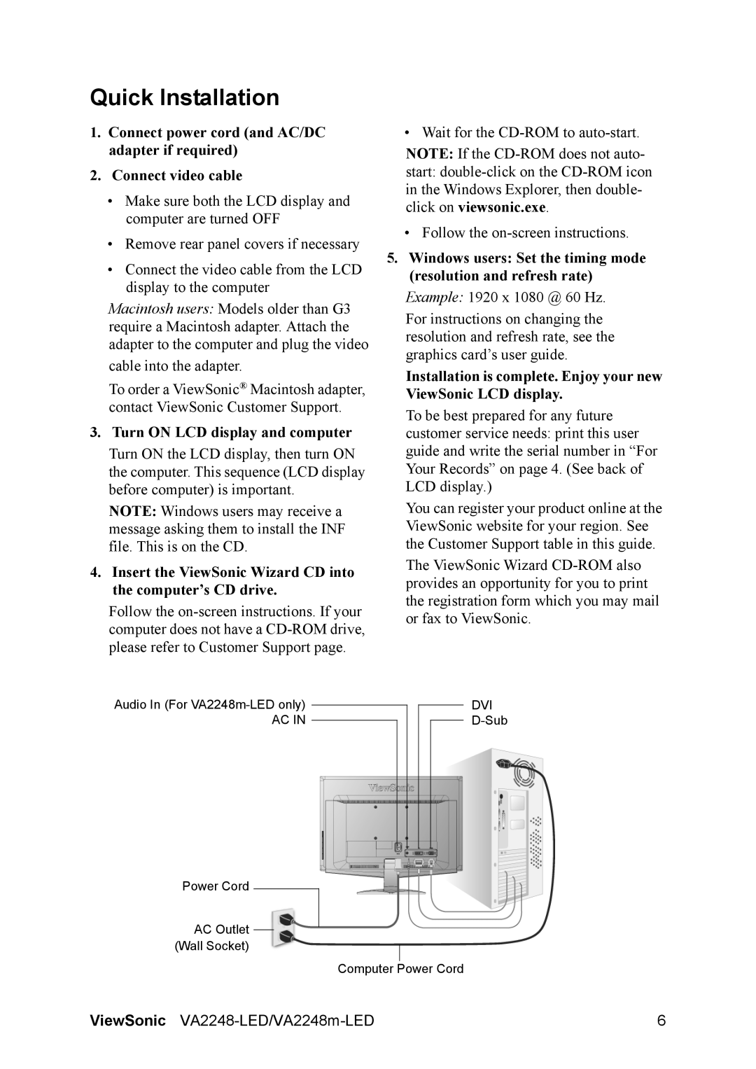 ViewSonic VS13818 warranty Quick Installation, Turn on LCD display and computer 