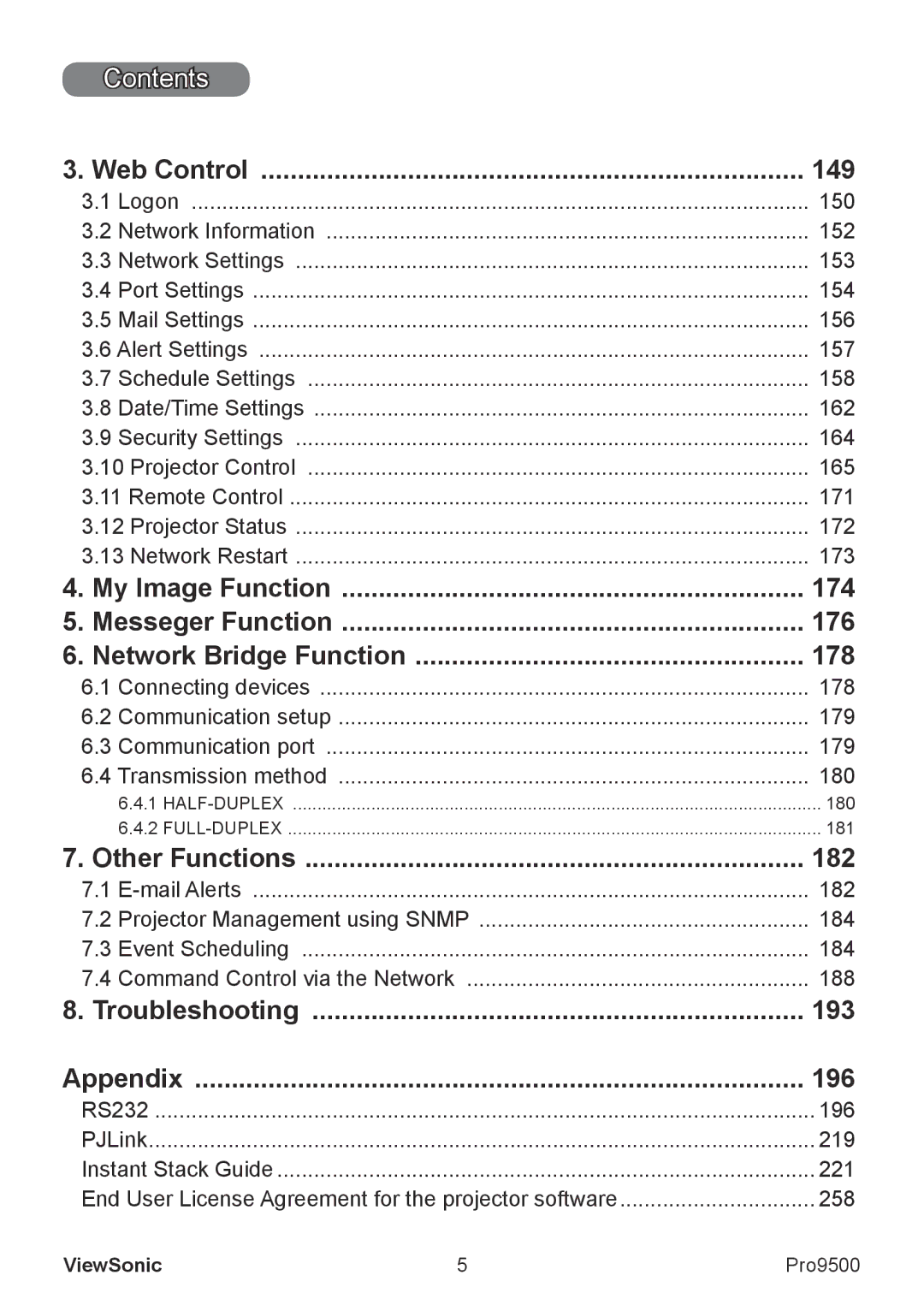 ViewSonic VS13835 warranty Web Control 149, Other Functions 182, Troubleshooting 193 Appendix 196 