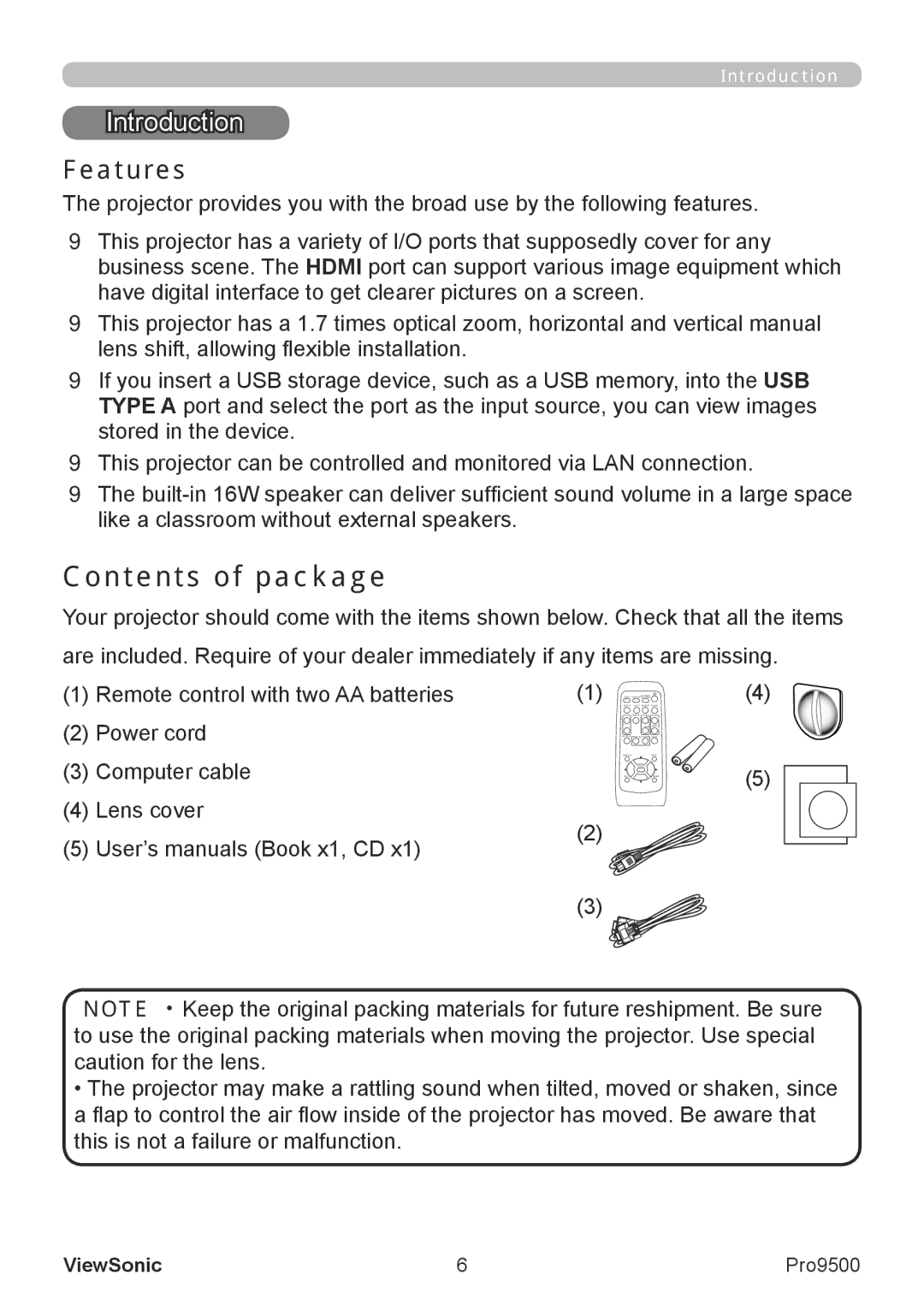 ViewSonic VS13835 warranty Contents of package 