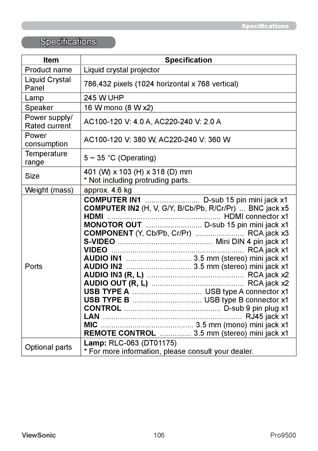 ViewSonic VS13835 warranty Specifications 