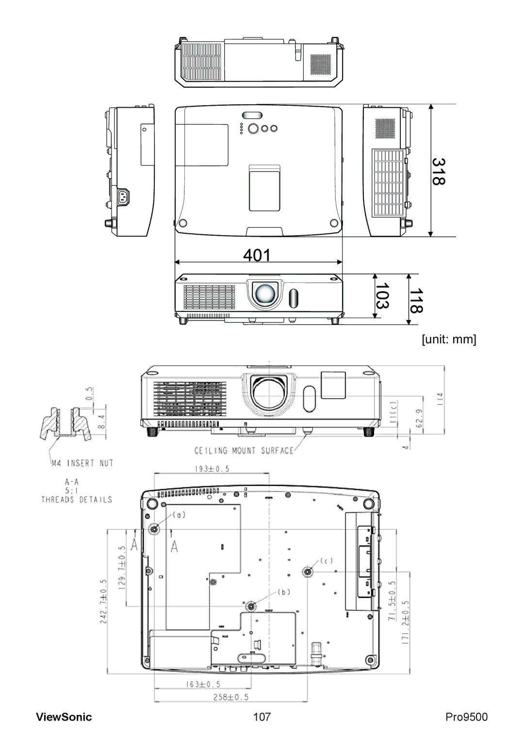 ViewSonic VS13835 warranty Unit mm, 107 