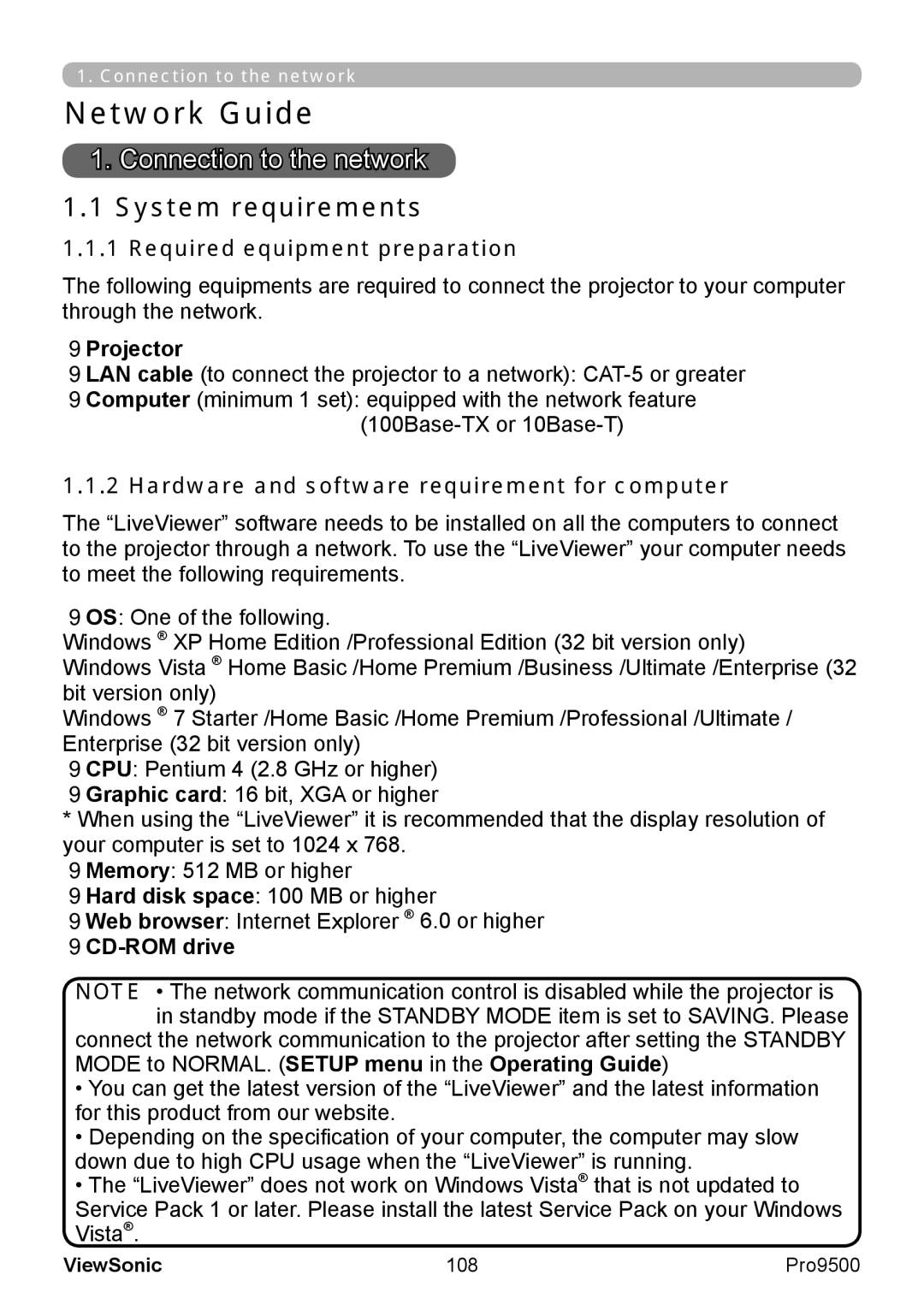 ViewSonic VS13835 Connection to the network, System requirements, Required equipment preparation, CD-ROM drive, 108 