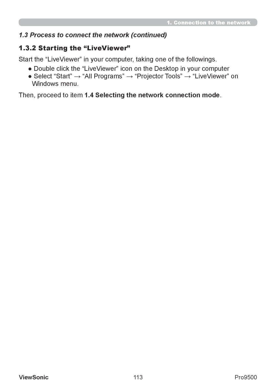 ViewSonic VS13835 warranty Process to connect the network, Starting the LiveViewer, 113 