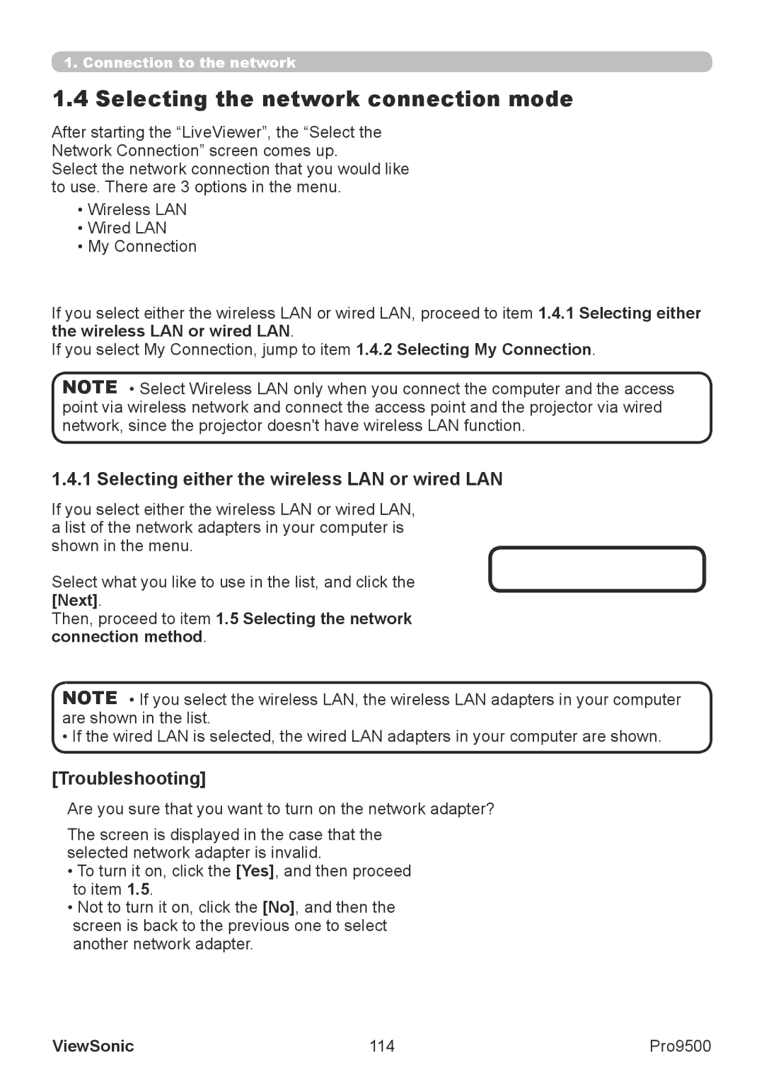 ViewSonic VS13835 warranty Selecting the network connection mode, Selecting either the wireless LAN or wired LAN, 114 