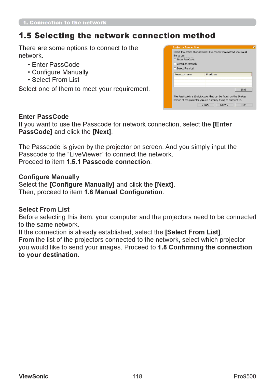 ViewSonic VS13835 warranty Selecting the network connection method, Enter PassCode, 118 