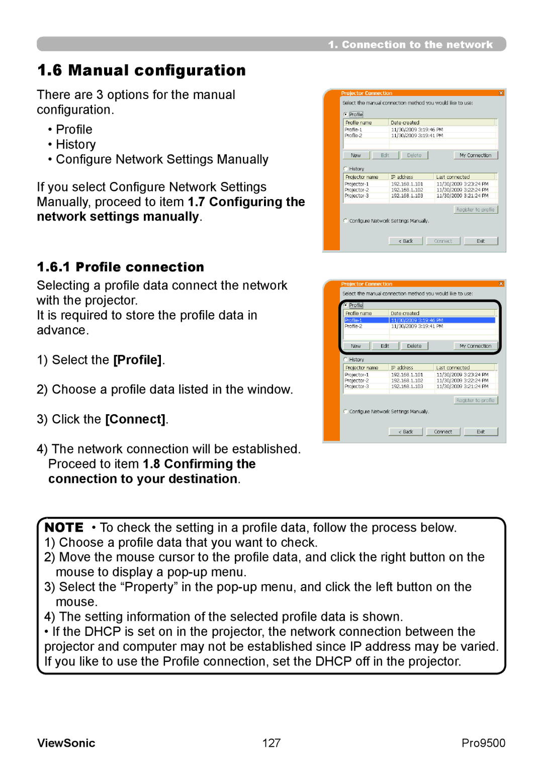 ViewSonic VS13835 warranty Manual configuration, Profile connection, 127 