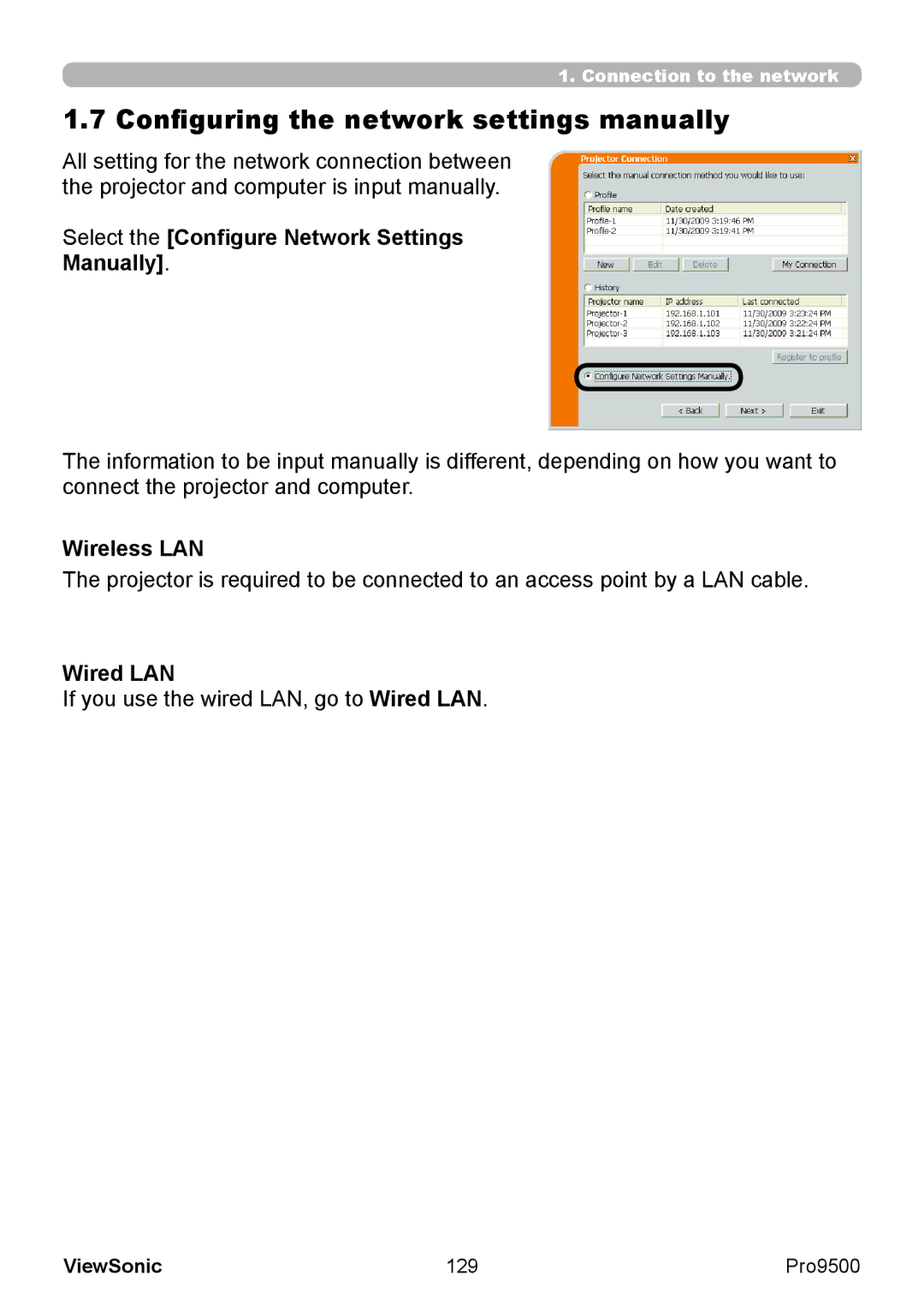 ViewSonic VS13835 warranty Configuring the network settings manually, Select the Configure Network Settings Manually, 129 