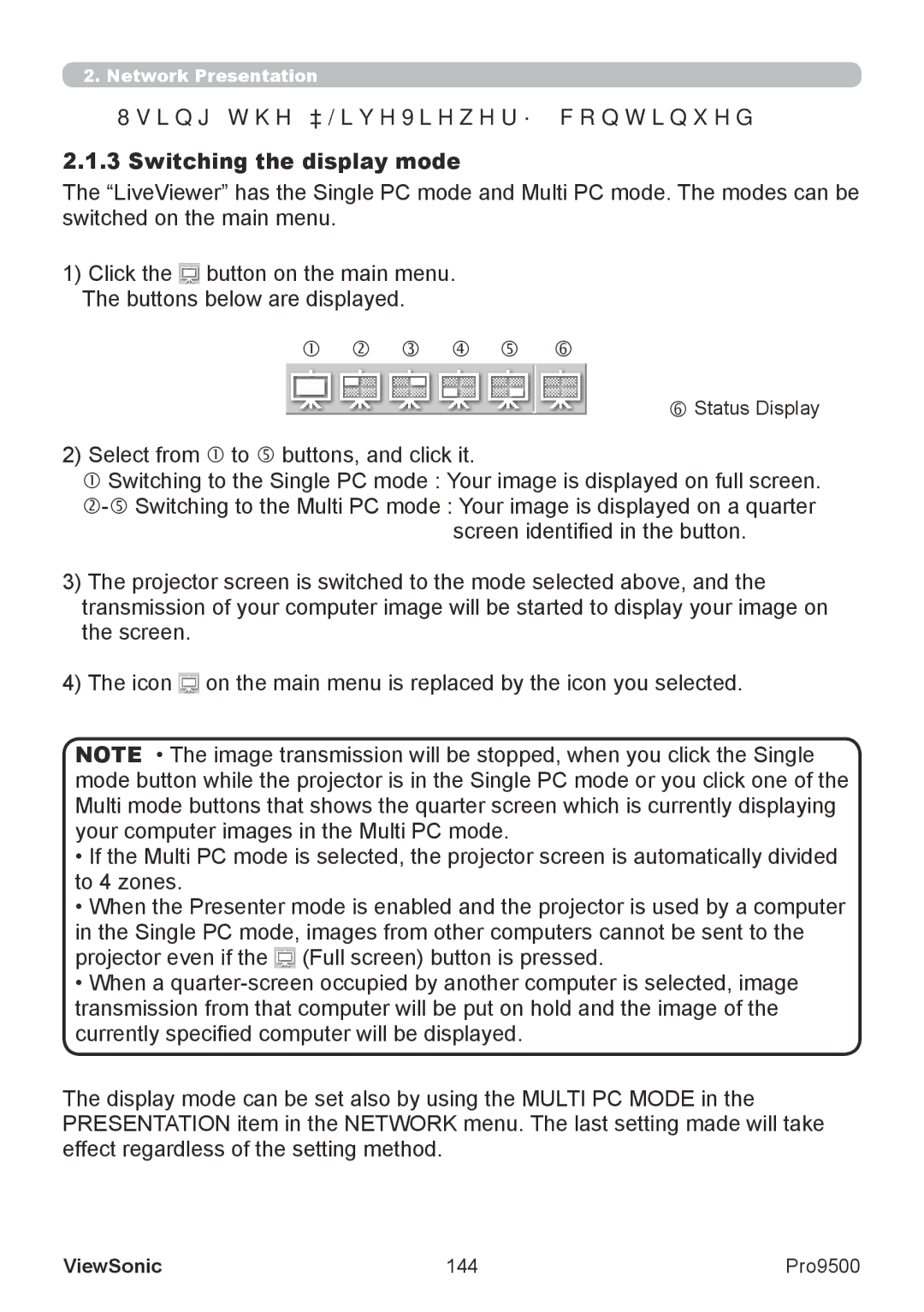 ViewSonic VS13835 warranty Switching the display mode, Status Display, 144 