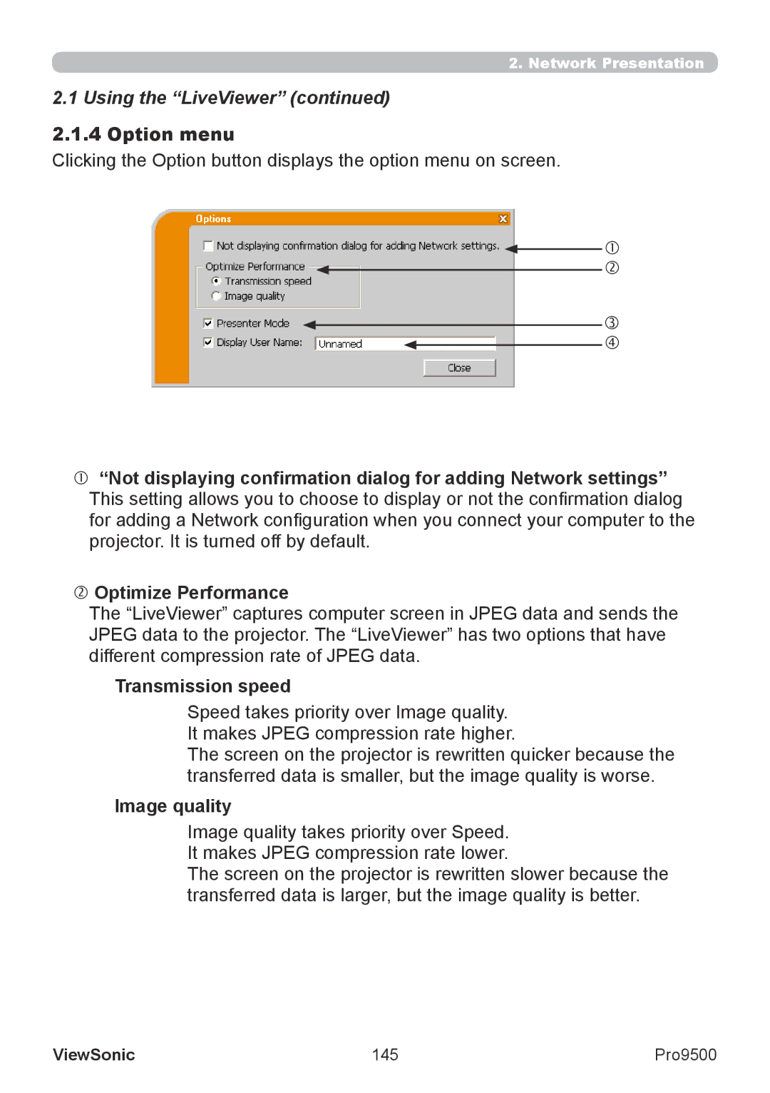 ViewSonic VS13835 warranty Option menu, 145 