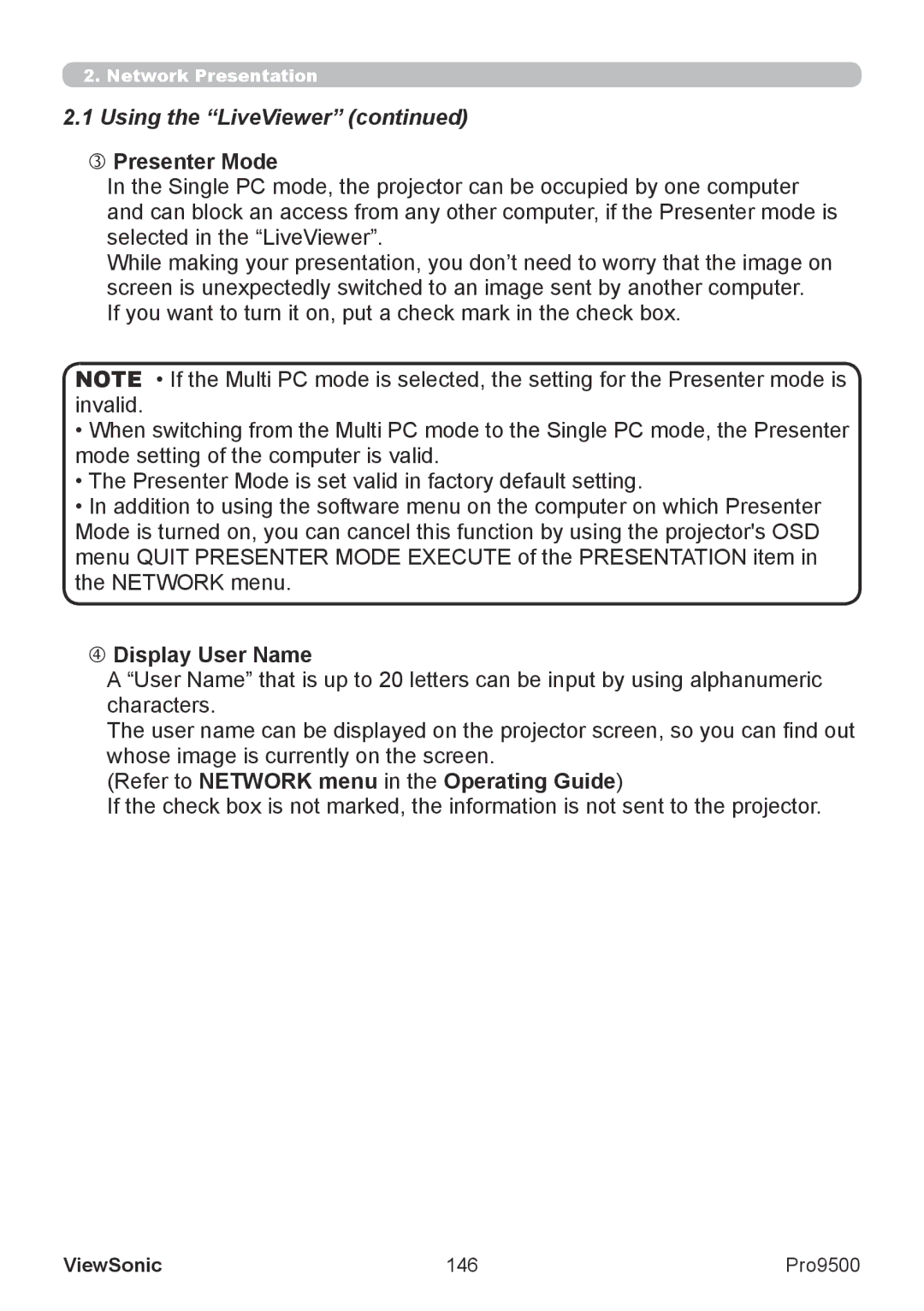 ViewSonic VS13835 warranty  Presenter Mode,  Display User Name, Refer to Network menu in the Operating Guide, 146 