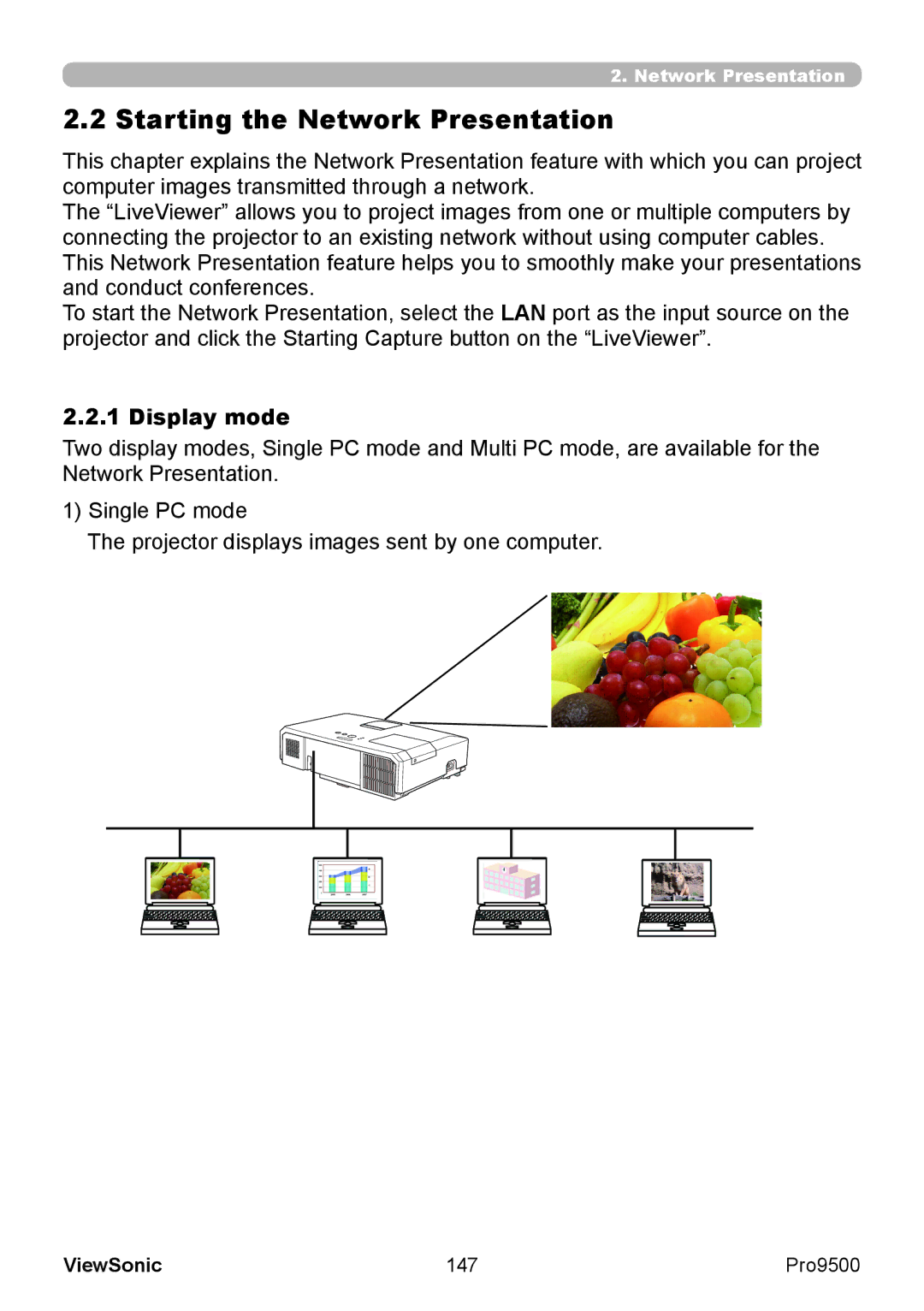 ViewSonic VS13835 warranty Starting the Network Presentation, Display mode, 147 