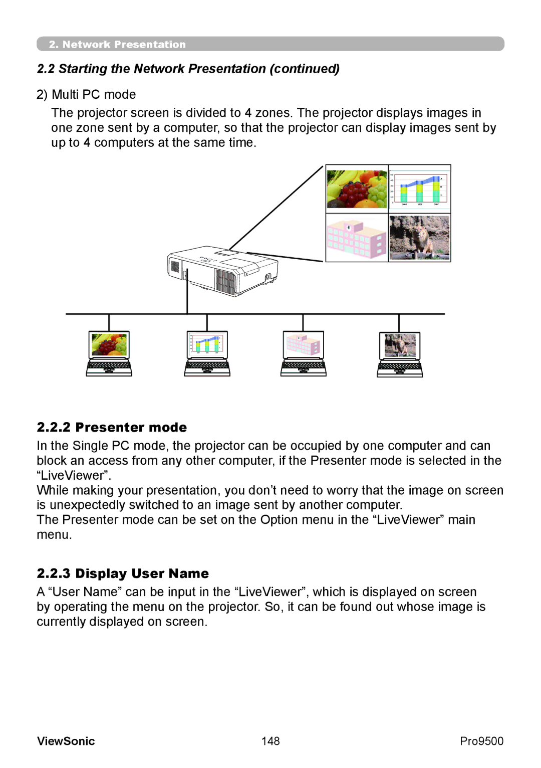 ViewSonic VS13835 warranty Starting the Network Presentation, Presenter mode, Display User Name, 148 