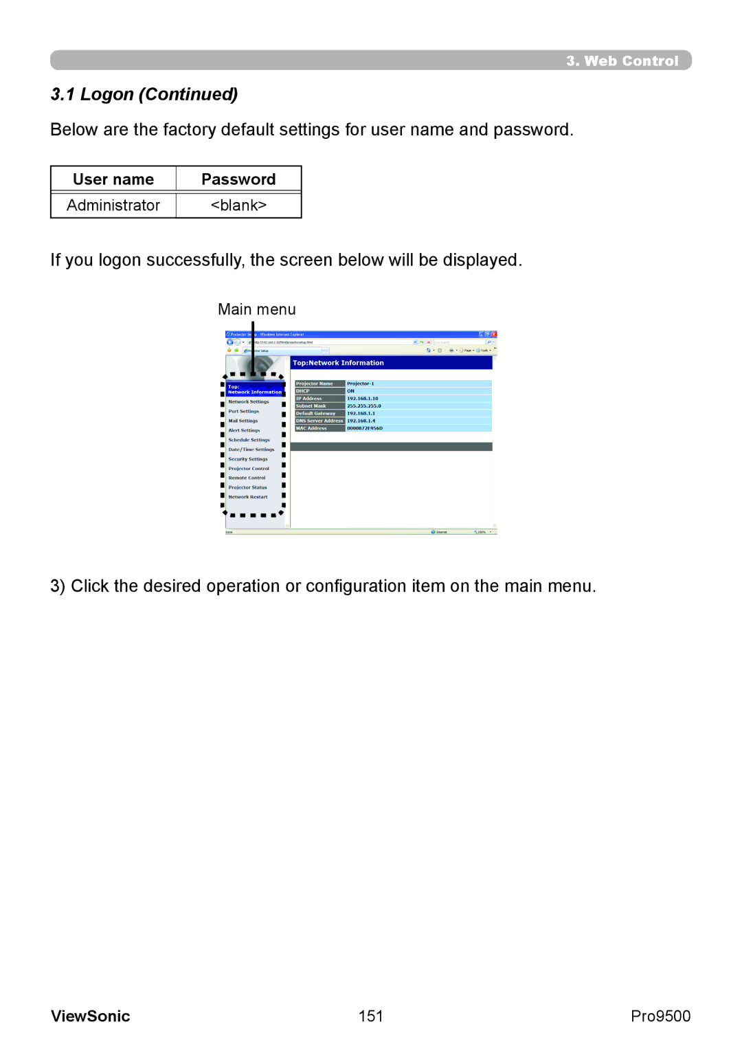 ViewSonic VS13835 warranty Logon, User name Password, Administrator Blank, Main menu, 151 