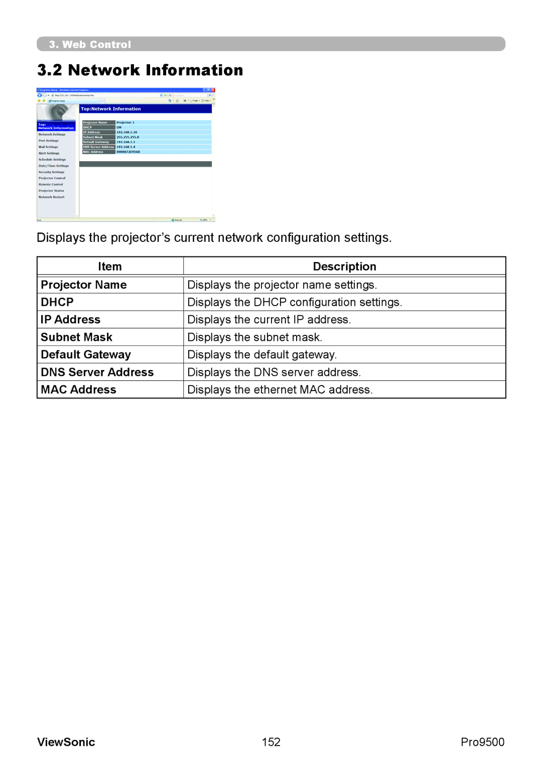 ViewSonic VS13835 warranty Network Information, Projector Name Displays the projector name settings, 152 