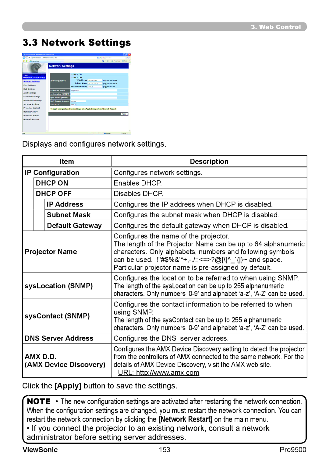 ViewSonic VS13835 warranty Network Settings, Displays and configures network settings, Dhcp on, Dhcp OFF 