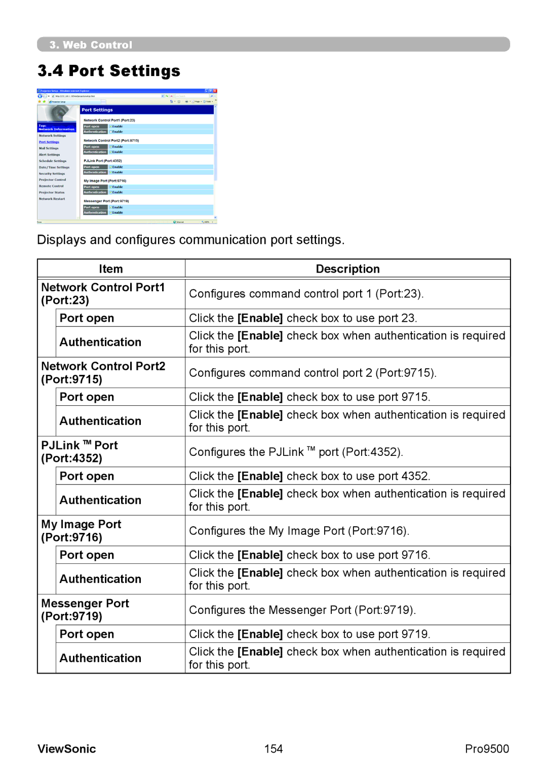 ViewSonic VS13835 warranty Port Settings, Displays and configures communication port settings, 154 