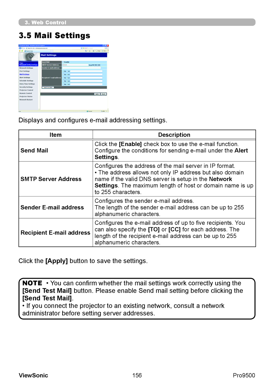 ViewSonic VS13835 warranty Mail Settings, Displays and configures e-mail addressing settings, Send Test Mail 