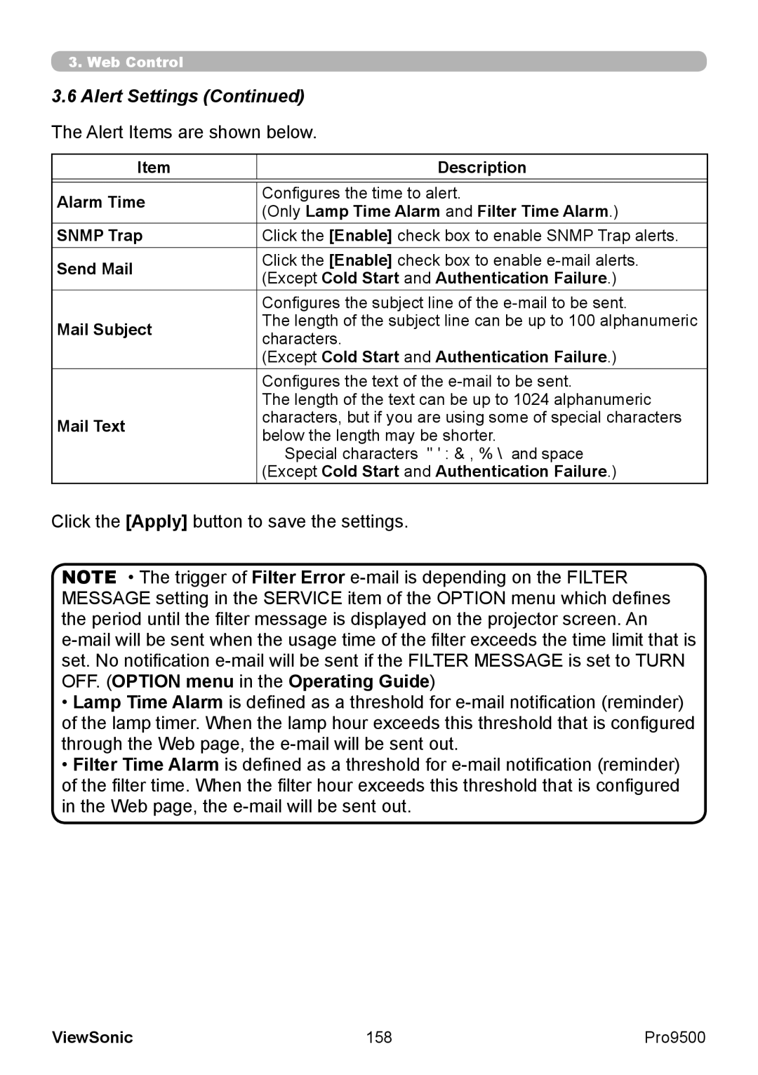 ViewSonic VS13835 warranty Alert Settings The Alert Items are shown below 