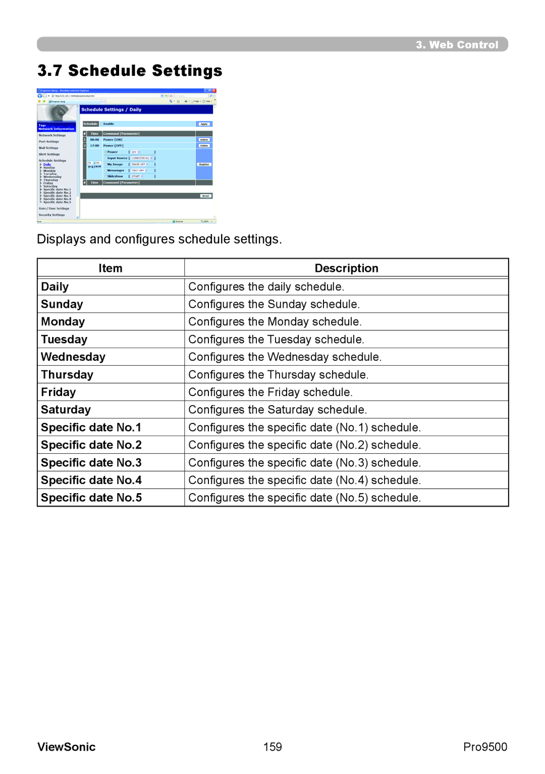 ViewSonic VS13835 warranty Schedule Settings, Displays and configures schedule settings, 159 