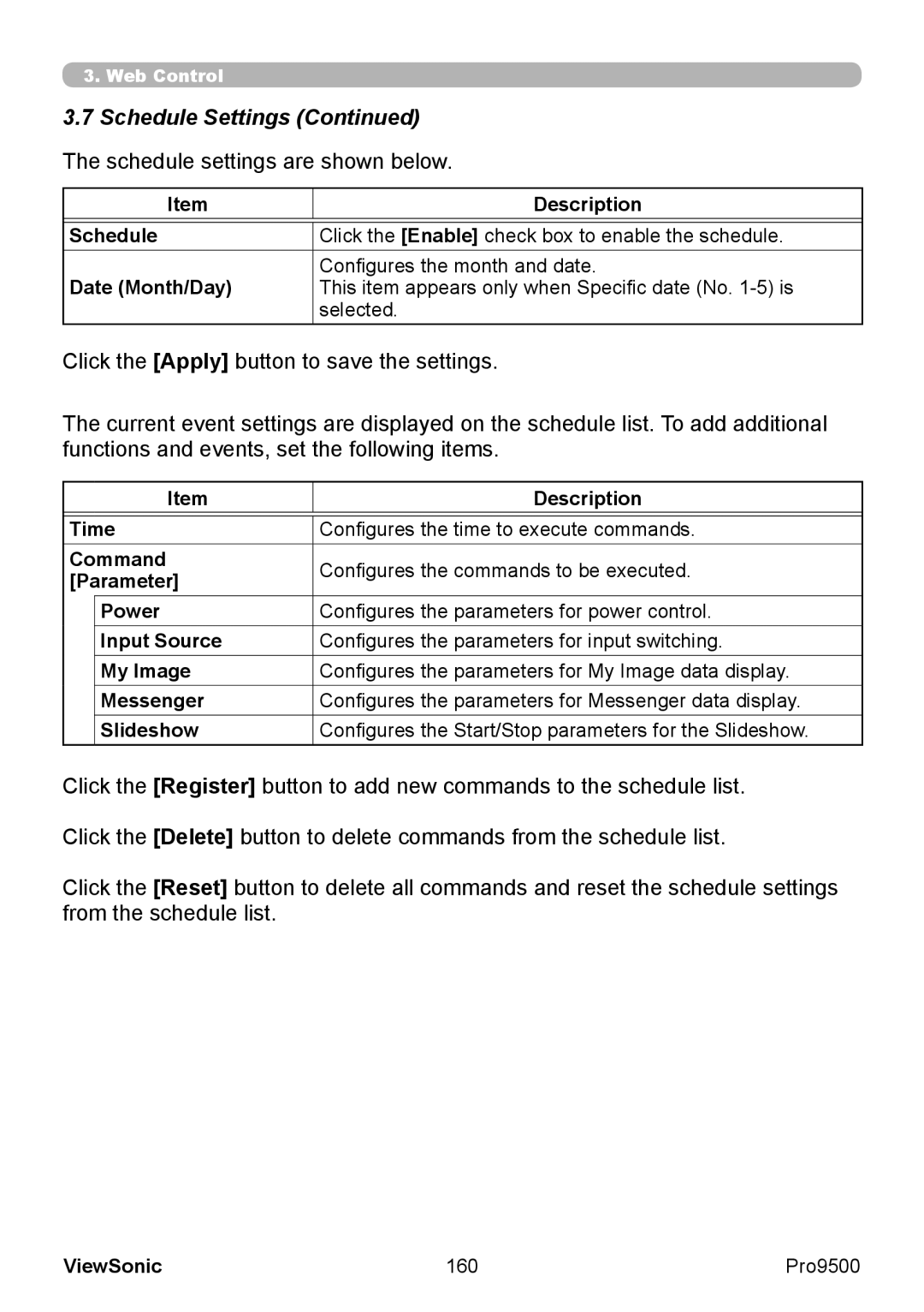 ViewSonic VS13835 warranty Schedule Settings The schedule settings are shown below, Description Schedule, Date Month/Day 