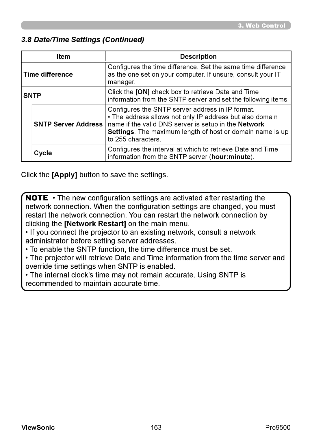 ViewSonic VS13835 warranty Date/Time Settings, Time difference, Sntp Server Address, Cycle 